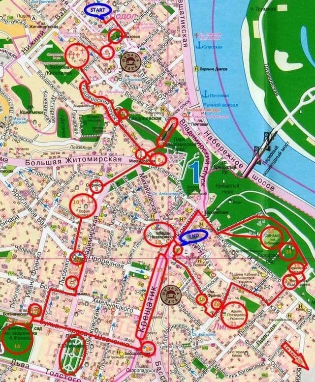 Mappa dei tour a piedi di Kiev